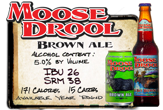 Moose Drool Brown Ale Alcohol content 5.2% by volume 26 IBU 38 SRM available year round Image